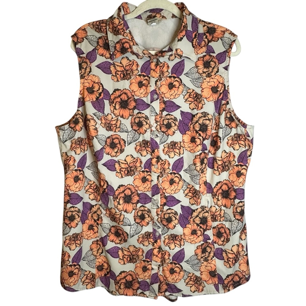 Duluth Trading‎ Company Floral Sleeveless Button Down Top Orange Purple XL Camp